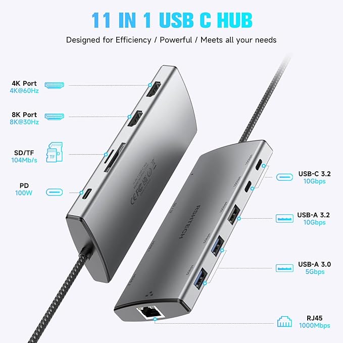 USB C Docking Station Dual Monitor RSHTECH 11-in-1 USB C Hub Multiport Adapter with 2 HDMI 4K/8K 3 USB 3.2 Ports 10Gbps(2C+1A) 2 USB 3.0 Ports 100W PD Gigabit Ethernet SD/TF Card Reader