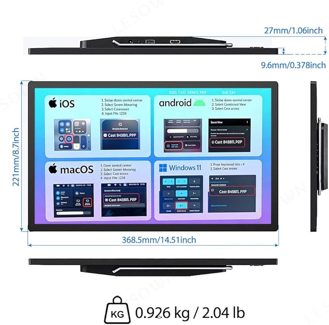 18.5 Inch Wireless Portable Gaming Monitor HDMI 1920x1080 100% sRGB Travel External Screen Support AirPlay Miracast Compatible with Laptop iOS Android Windows Mac TF Card