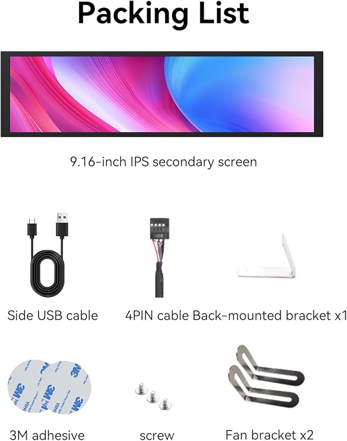 9.16 Computer Temp Monitor FHD 1920x462 PC Sensor Panel One-Cable Connection(No HDMI Needed) Stretched Bar LCD Dynamic Theme Supported IPS Mini Secondary Screen for CPU RAM HDD Data Aida64 (Black)