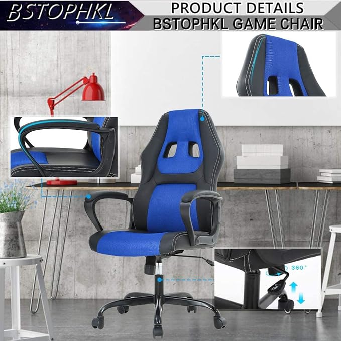 Gaming Chair Office Chair Ergonomic Video Game Chairs Adjustable Reclining Computer Chair with Lumbar Support Armrest Headrest Task Rolling Swivel Chair Game Chair for Adult Teen - Blue