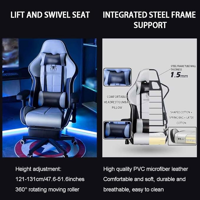 Gaming Chair with Footrest Cool Two-Color Stitching Spider Pattern Gamer Chair 155° Reclining Swivel Lift Racing Chair Load Bearing 190kg/418.9lbs (Color : Gray-Black Size : 121-131 * 50cm)