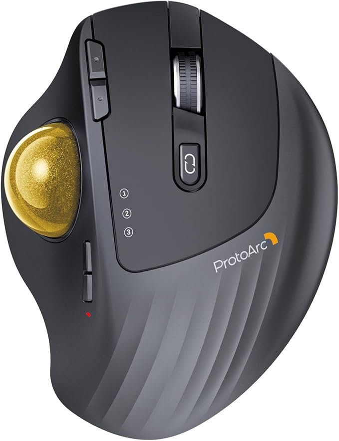 ProtoArc Wireless Trackball Mouse EM01 NL Ergonomic Bluetooth Rollerball Thumb Rechargeable Computer Laptop Mouse Adjustable Angle &amp 3 Device Connection for PC Mac Windows-Gold Ball