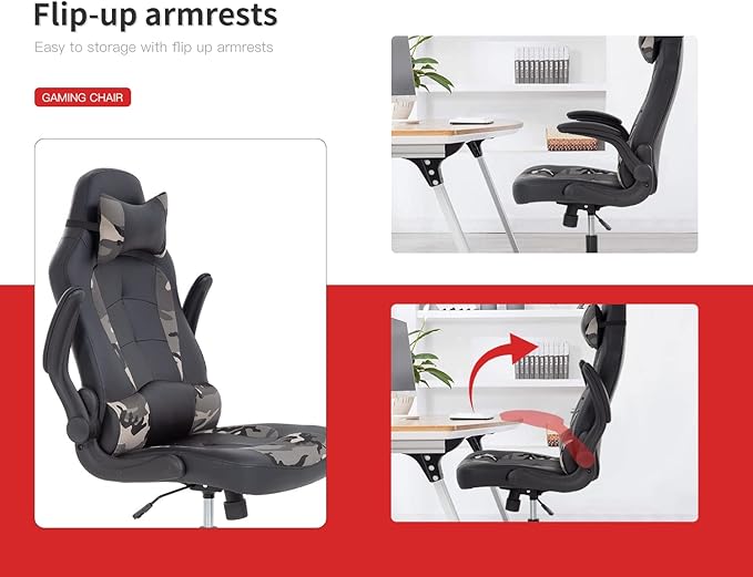 Gaming Chairs for Adults PU Leather Swivel Rolling Adjustable Game Chair with Lumbar Support Flip Up Arms Headrest for Adults Women Men Video Game Chairs Ergonomic Gaming Chair
