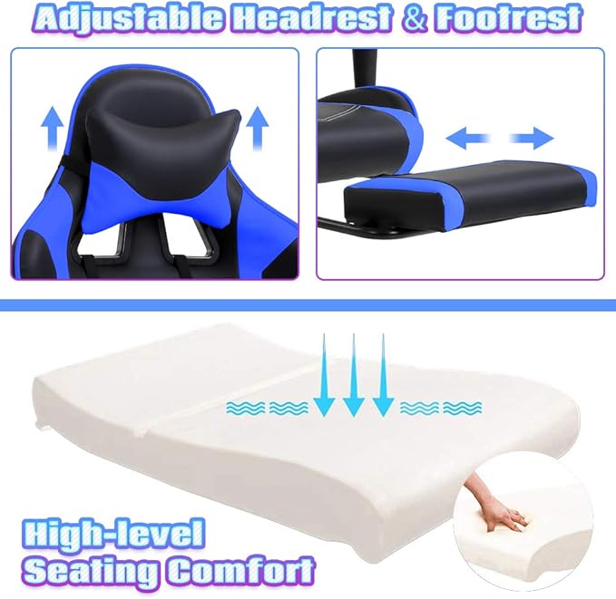 Gaming Chair with Footrest Massage Lumbar Support Ergonomic Racing Office Chair 360 Swivel PC Computer Desk Chair Adjustable Headrest and Arms Blue