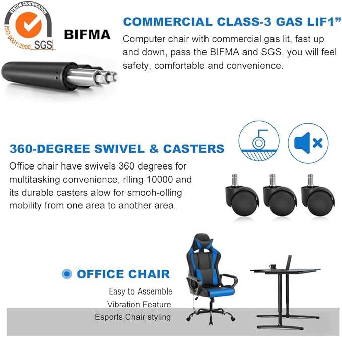 PC Gaming Chair Office Chair Racing Desk Chair with Lumbar Support Arms Headrest Massage High Back PU Leather Ergonomic Computer Chair Rolling Adjustable Swivel Chair for Women Men Adult Blue