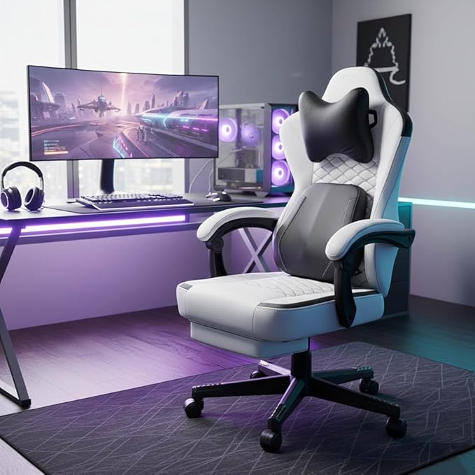 Gaming Chair with Heated Massage Lumbar Support Ergonomic Computer Chair with Footrest and Pocket Spring Cushion High Back Massage Gaming Chair Reclining Office Chair with Footrest 330lbs (White)