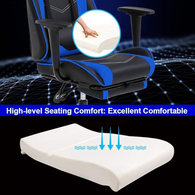 PC Gaming Chair with Footrest Ergonomic Home Office Chair with Lumbar Support &amp Headrest Pillow Height Adjustable Swivel Recliner Racing Computer Video Game Chairs Blue