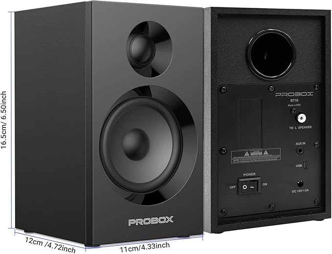 Powered Bookshelf Speakers HiFi Computer Gaming Monitors with Bluetooth 5.3 &amp 24-Bit USB DAC Stereo Speaker PC Speakers 3.5 Woofer1 Silk Dome Tweeter Adjustable Bass/Treble BT16-Black