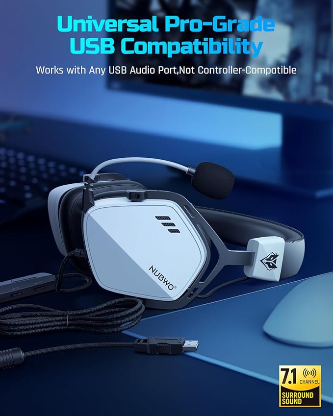 NUBWO HG03 Wired USB-A Gaming Headset for PC Computer Headset with 7.1 Surround Sound Noise Canceling Mic 50MM Driver Wired Headphones for PC Laptop Office - White