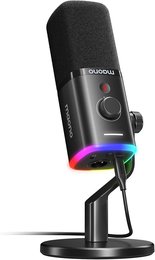 MAONO USB/XLR Podcasting Microphone for PC Gaming Streaming Dynamic Mic with Mute Button RGB Desktop StandComputer Mic for Video Studio Recording-PD100XBlack