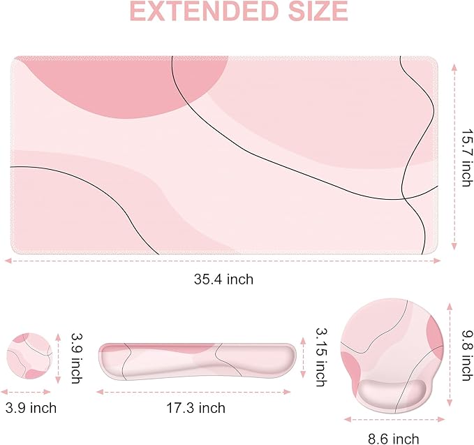 iCasso Large Gaming Mouse Pad Wrist Support Set Desk Mat 4in1 XXL Mousepad + Keyboard Wrist Rest+Mouse Wrist Rest+Coaster Set with Ergonomic Design for Home Office Table Computer-Pink Art