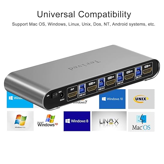 HDMI KVM Switch 4 in 1 Out with Hotkey Mouse Switching Audio Mic Support 4K@60Hz USB 3.0 Hub Digital Display Terived Aluminum KVM with Cables Included