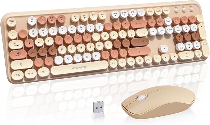 FOPETT Wireless Keyboard and Mouse Combo 105 Keys Full-Sized 2.4 GHz Round Keycap Colorful Keyboards USB Receiver Plug and Play for Windows Mac PC Laptop Desktop (Milkteacolorful)