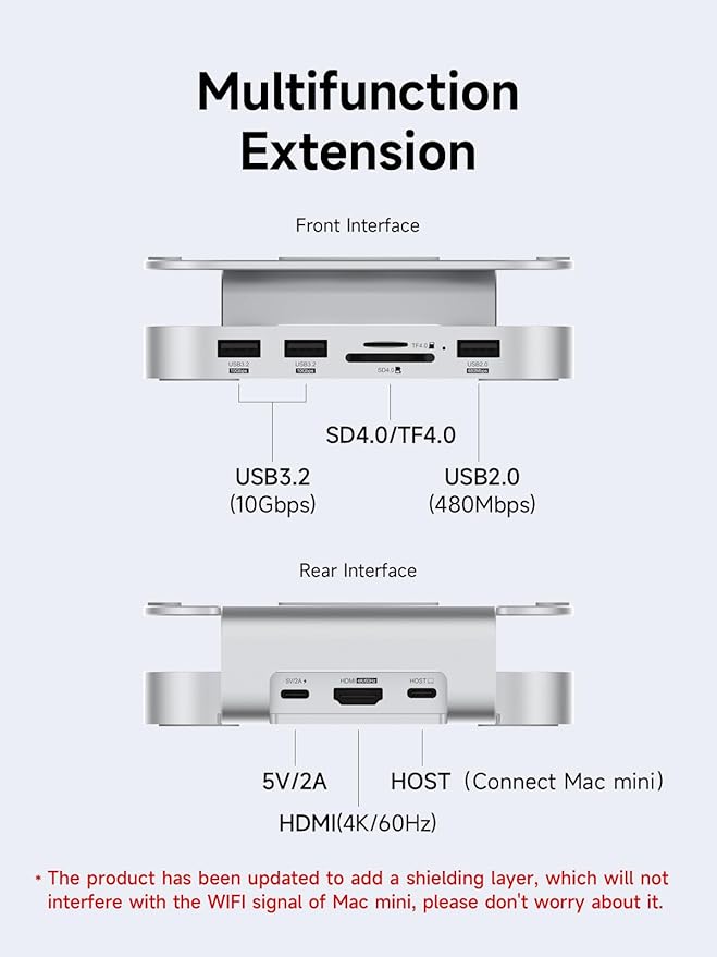Hagibis Mac mini M4 Hub &amp Stand with SSD Enclosure 3 in 1 USB Type-C Docking Station with M.2 NVMe SSD Case 4K@60Hz HDMI 10Gbps USB3.2 Gen2 SD4.0 TF4.0 5V/2A Power Supply for M4 Pro (MC60H)