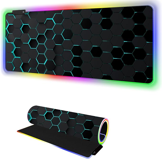 RGB Mousepad Led Mouse Pad Desk Mat I 31.5 x 11.8 Inch Large Mouse Pad I XL Oversized Big Mouse mat 14 Led Light Modes I Anti-Slip Rubber Base Waterproof Keyboard Pad for PC Gaming I Black Honeycomb