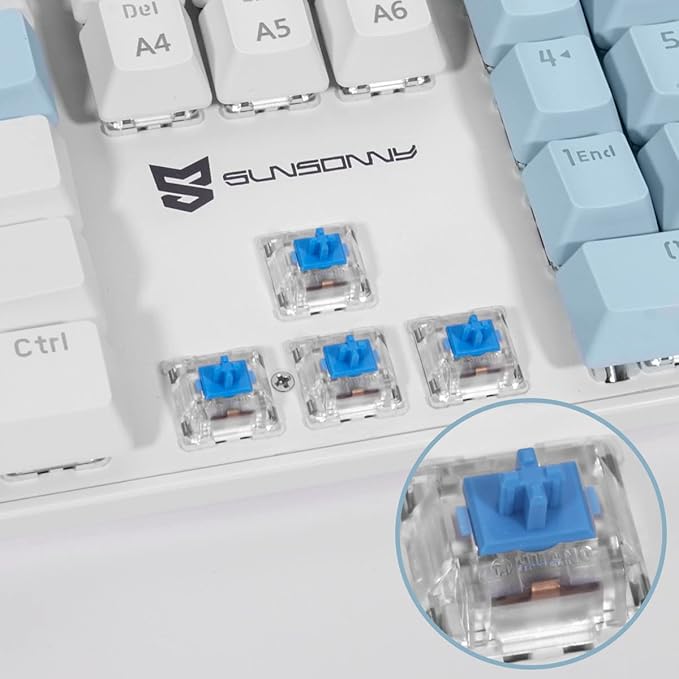 Full Size Wired Mechanical Gaming Keyboard | Blue Switch Led Backlit 104 Keys US Layout Mechanical Computer Keyboards | Hot Swappable Blue &amp White Keycaps Light Up PC Gaming Keyboard
