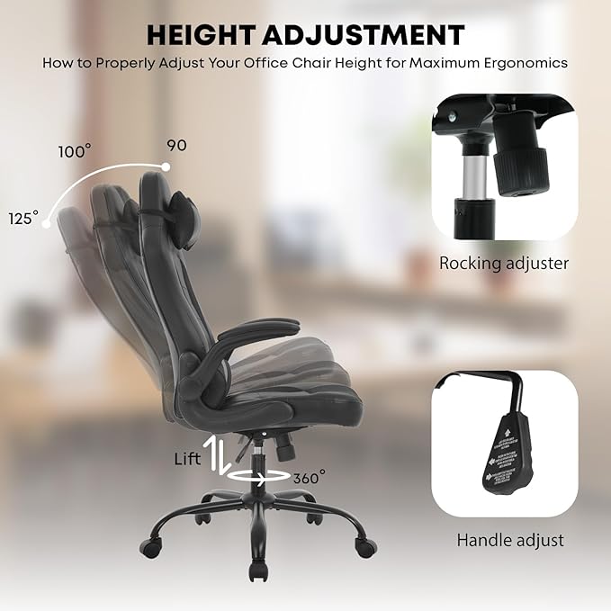 Gaming Chair Computer Chair Ergonomic Office Chair with Lumbar Support Flip Up Arms Headrest PU Leather Executive High Back Home Office Desk Chair for Adults Officials TeensBlack
