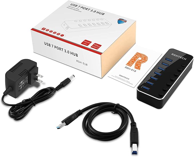 USB 3.0 Hub RSHTECH 7 Port Powered USB Hub Expander Aluminum USB 3.0 Data Port hub with Universal 5V AC Adapter and Individual On/Off Switches USB Splitter for Laptop and PC(Black)