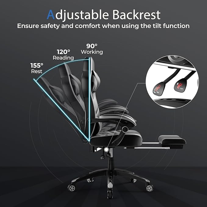 POWERSTONE Gaming Chair Video Game Chair with Footrest and Lumbar Support Racing Style PU Leather Computer Chair Ergonomic Adjustable Swivel Task Chair Gray