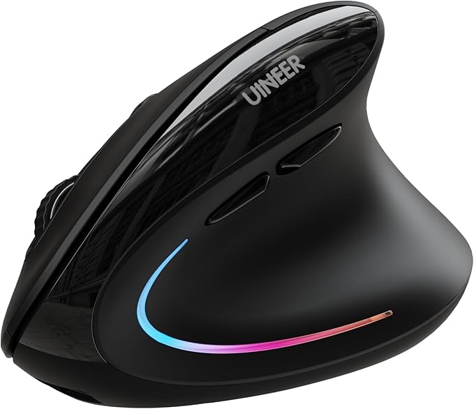 Uineer Ergonomic Mouse Wireless Bluetooth Rechargeable Vertical Mouse 7 Color LED 4 DPI Adjustable USB-A Wrist Strain ReliefOptical Mice for Computer/PC/Laptop Black
