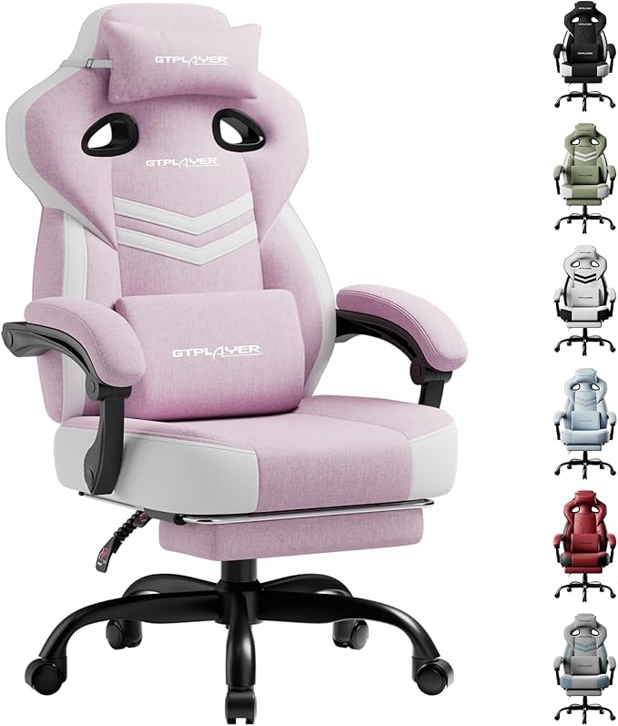GTPLAYER Gaming Chair Computer Chair with Footrest and Lumbar Support for Adults 360°-Swivel Big &amp Tall Reclining Seat for Office or Gaming (Pink)