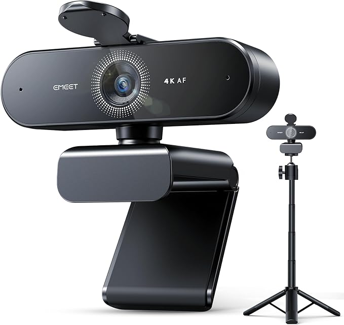 EMEET NOVA 4K Webcam with Tripod - 4K UHD PDAF Autofocus Adjustable Heights with 360° Swivel Head 2 Noise-Cancelling Mics USB Plug&ampPlay Privacy Cover Ideal for Online Meetings&ampLive Strea