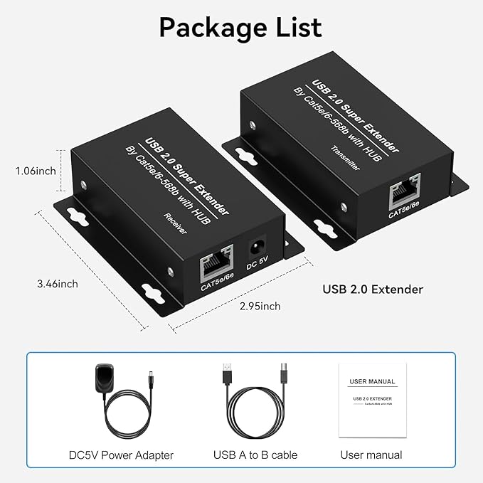 USB Extender Over Ethernet USB 2.0 HUB RJ45 Cat5e/6 196ft/60m up to 480Mbps Transfer Rate No Driver Required Supports POC Power Supply Supports Connecting Keyboard Mouse U Disk Printer etc.
