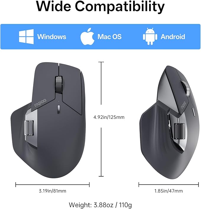 Rapoo MT760 PRO Wireless Mouse NearLink + Bluetooth 5.0 Multi-Device 12K DPI 2K Polling Ergo for Work &amp Gaming 11 Programmable Buttons On-Board Memory Quiet Clicks USB-C 120 Days Battery