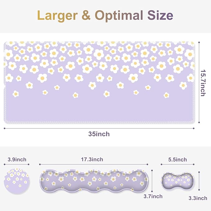 Desk Mat Gaming Mouse Pad Cute Desk Matt Keyboard Wrist Rest for Desktop Anti-Slip Mousepad w/Stitched Edges XXL Large Mouse Pad with Wrist Support for Desk Computer I Lavender Happy Flowers