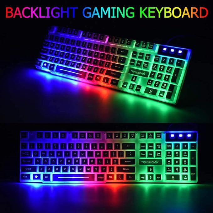 Wired Gaming Keyboard and Mouse Headset ComboRainbow LED Backlit Wired KeyboardOver Ear Headphone with MicRainbow Backlit Gaming MiceMouse Padfor PCLaptopMacPS4Xbox(White)