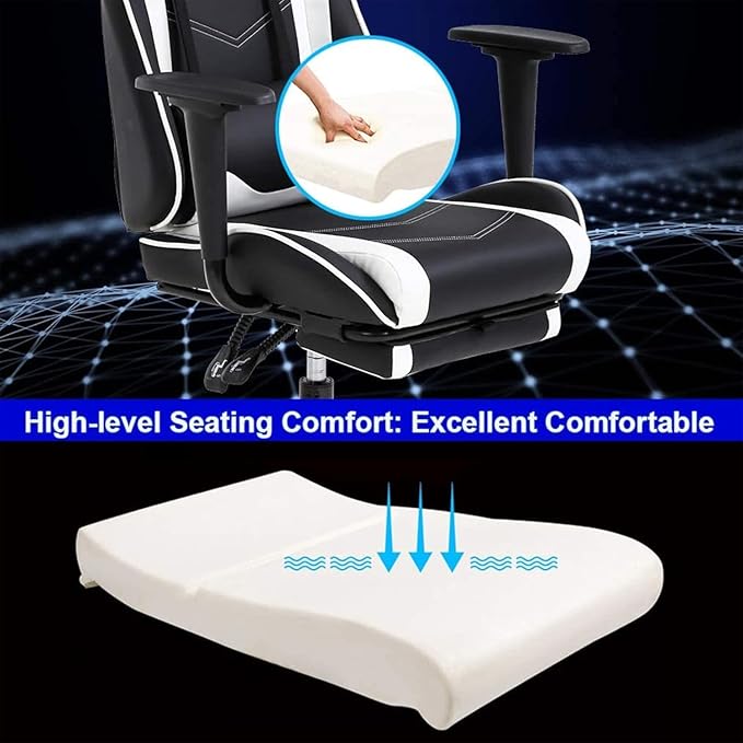 PC Gaming Chair with Footrest Ergonomic Home Office Chair with Lumbar Support &amp Headrest Pillow Height Adjustable Swivel Recliner Racing Computer Video Game Chairs White