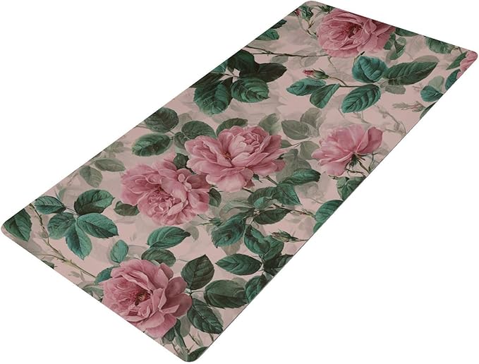 Mouse Pad Desk Mat Leather Desk Pad Large Gaming Desk Cover Protector Mat for Keyboard Computer Laptop Office Waterproof 35.4 x 16.5 Inch Pink Vintage Roses with Leaves