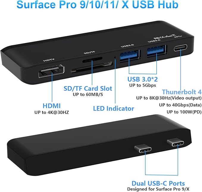 Surface Pro 9/10/11/X Accessories Surface Pro 9 Docking Station with 4K HDMI USB-C Thunerbolt 4 (Display+Data+PD Charging) 2 USB 3.0 SD/TF Card Reader for Surface Pro 9/Pro10/Pro11/ProX
