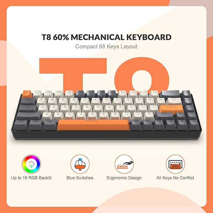 T8 60% Gaming Keyboard68 Keys Compact Mini Wired Mechanical Keyboard with 18 Chroma RGB BacklitBlue SwitchUSB C Coiled Keyboard Cablefor PCLaptopMacPS4Xbox-Dark Grey