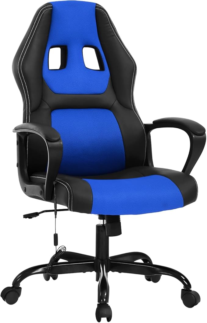 High-Back Racing Gaming Chair with Massage Lumbar Support - Ergonomic Adjustable Swivel - Black PU Leather - Perfect for Home Office or Gaming (Blue)