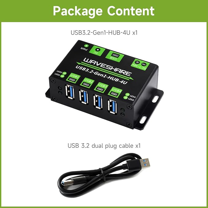Waveshare 4-Ch USB 3.2 Gen1 HUB Compatible with Windows macOS Linux and Android Metal Case with Wall-Mount Support Driver-Free Plug-and-Play
