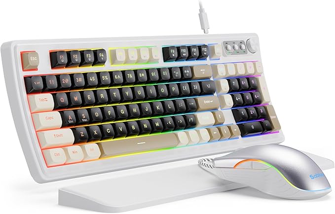 SABLUTE Wired Gaming Keyboard and Mouse RGB Backlit Mechanical Feel PC Gaming Keyboards Multimedia Knob&amp Anti-Ghosting Ergonomic Premium Leather Wrist Rest for Game (White)