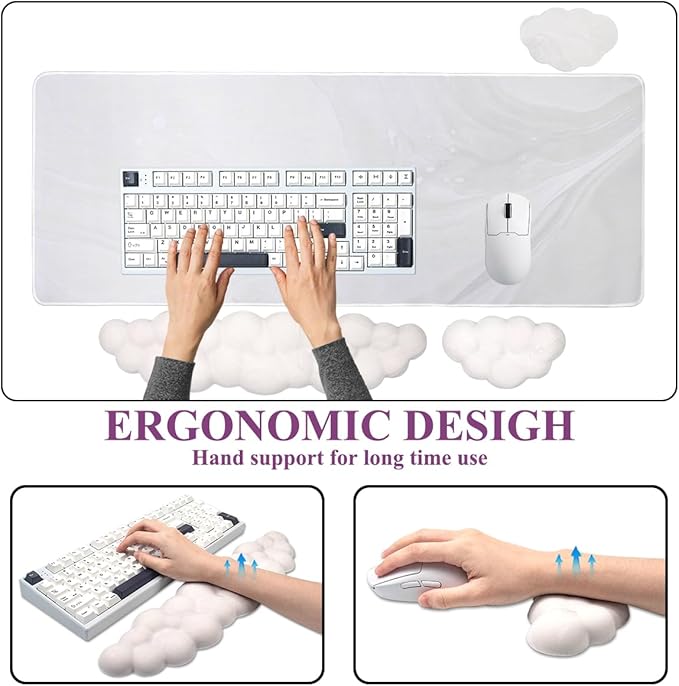 Gaming Desk Mat with Keyboard Wrist Rest Set 4 in 1 Large Mouse Pad &amp Cloud Keyboard Wrist Rest&amp Mouse Wrist Rest&ampCoaster Comfort and Support for Typing and Gaming(White)