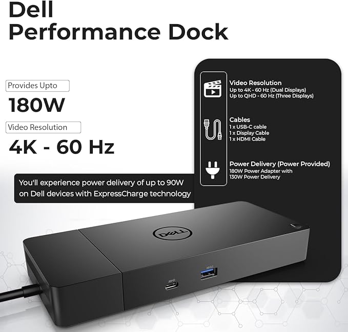 Dell WD19S Docking Station Dual Monitor Bundle - 180W Supports 4K Display Dell Dock with 180W Power Supply + Anyhdd 4K HDMI Cable + 4K DisplayPort Cable + USB-C Cable + Microfiber Cloth Included