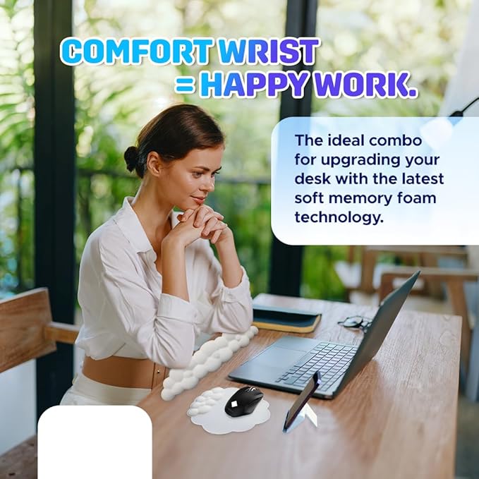 CLOUDIX - Cloud keyboard wrist rest. Set Mouse pad phone holder tablet holder ergonomic cloud crist pad with memory foam. Non-Slip base for typing pain relief home office laptop gaming (WHITE).