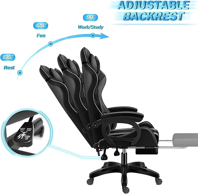 XOOFMASS 7-Point Massage Gaming Chair for Adults Video Gaming Chair with LED Lights and Speakers Ergonomic Office Chair with Footrest and Lumbar Support PU Leather Recliner ChairWhite