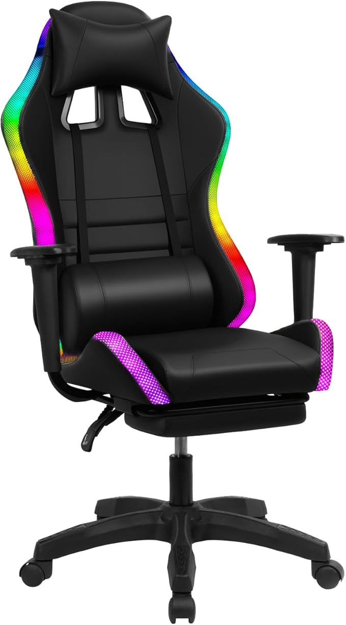 Gaming Chair with Built-in Speakers Ergonomic High Back Office Gaming Chair Massage Lumbar Support LED Lights Retractable Footrest (Colorful Side)