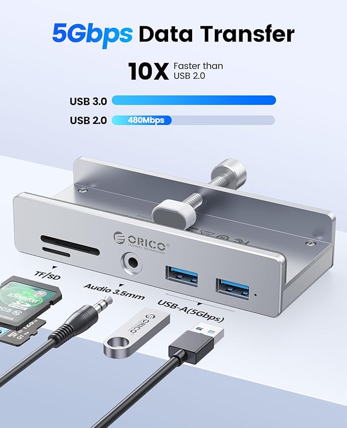 ORICO USB Hub 3.0 Clamp USB Hub with Extra Power Port Aluminum USB C Adapter with 2 USB-A Data Ports3.5mm AUX SD/TF Card Reader for Desktop(Silver)