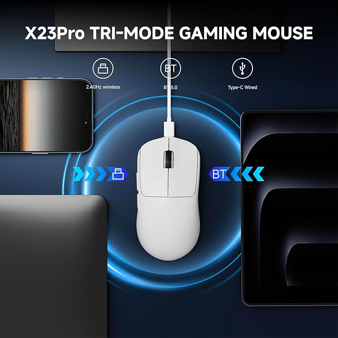 X23Pro Wireless Gaming Mouse 2.4G/BT5.0/USB-C Esports Gaming Mouse 800mAh Rechargeable Lightweight Mouse Gaming 12000 DPI Wireless Mouse with 6 Programmable Buttonsfor Laptop/PC/Mac White