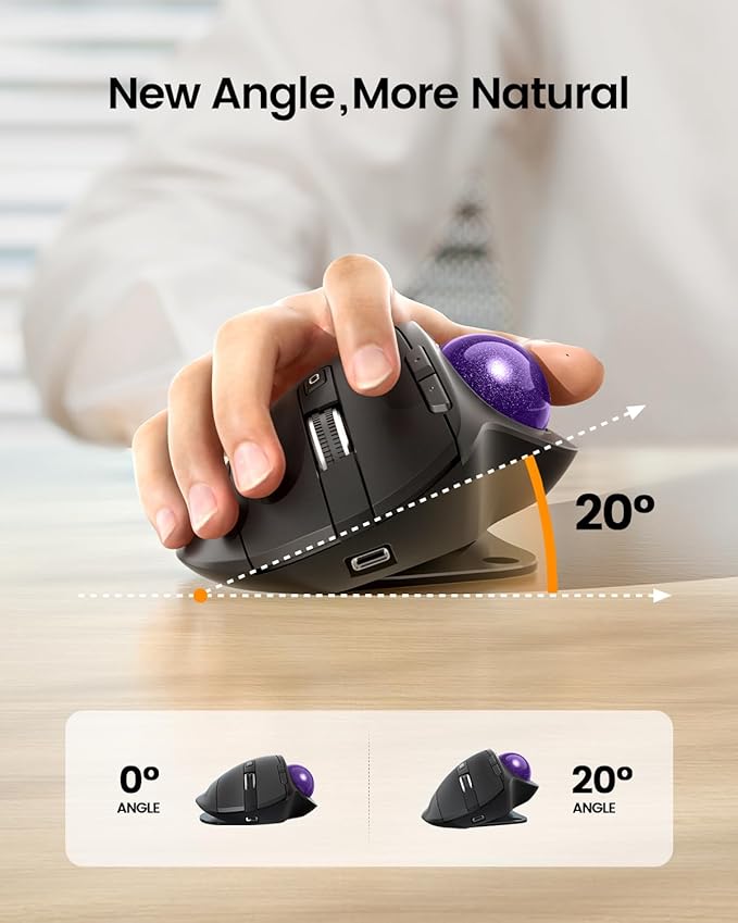 ProtoArc Wireless Trackball Mouse EM01 NL Ergonomic Bluetooth Rollerball Thumb Rechargeable Computer Laptop Mouse Adjustable Angle &amp 3 Device Connection for PC Mac Windows-Purple Ball