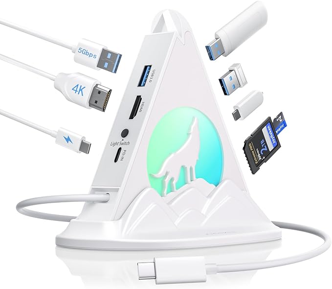 USB C Hub 8 in 1 USB C Hub Multiport Adapter with 4K HDMI PD 100W 5Gbps Type C 3.0 3xUSB A 3.0 SD/TF Card Reader&amp RGB Lighting White Docking Station for MacBook Air/Pro HP Laptop PC(Wolf)