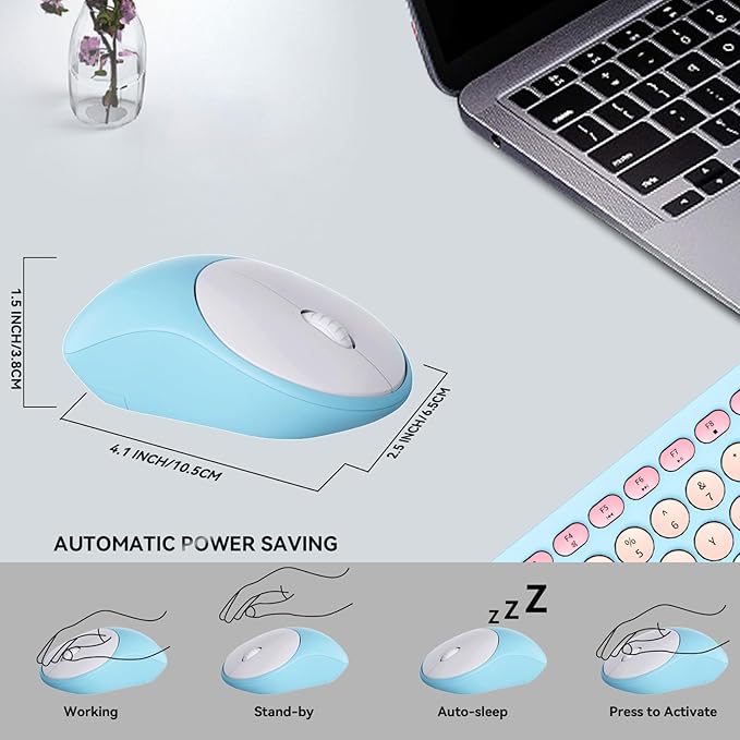 FD Wireless Keyboards and Mouse Combo - 2.4GHz USB Cordless Cute Wireless Keyboard Round Keys Quiet and Slim Set for Laptop Computer TV and Mac - Blue Pale Green Colorful