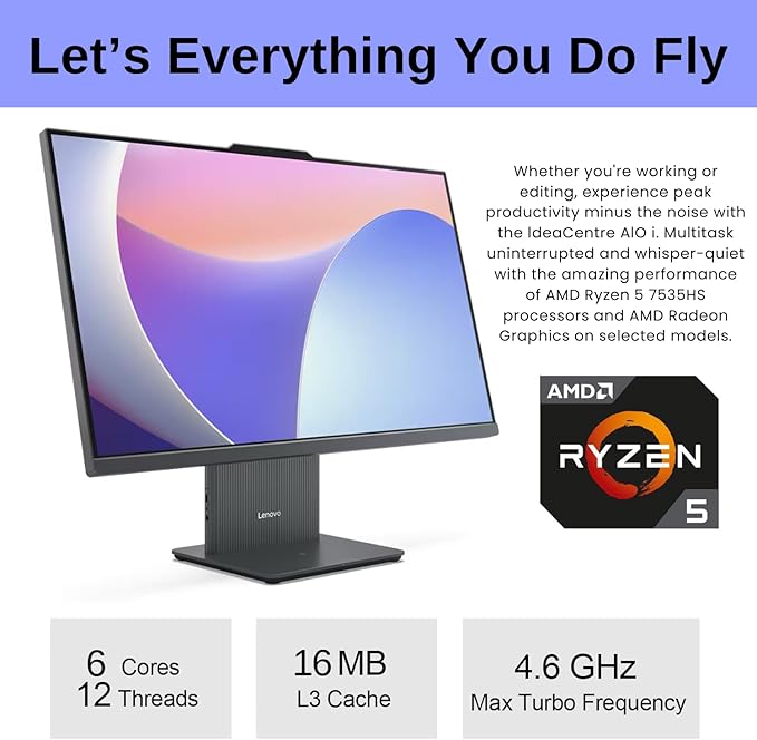 Lenovo 2024 IdeaCentre 27 Business All-in-One FHD 100Hz Touchscreen AMD Ryzen 5 7535HS 16GB DDR5 RAM 1TB SSD Wireless KB &amp Mouse Wireless Charging Base RJ-45 Wi-Fi 6 Webcam W11P Grey