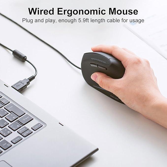 SANWA Wired Ergonomic Mouse Silent Click Vertical Computer Mice 3 Programmable Buttons Optical Ergo Mouse Reduce Wrist Strain 1000/1600 DPI Compatible wtih Mac Windows Laptop PC