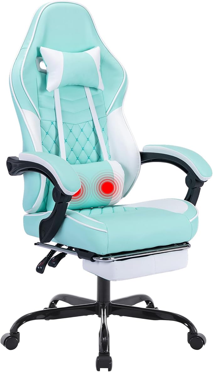 Ergonomic Gaming Chair Racing Style - High Back Gamer Chair with Footrest Adjustable Lumbar Massage Linkage Armrests &amp 90-135° Recline - Leather Computer Game Chair for Adults Green